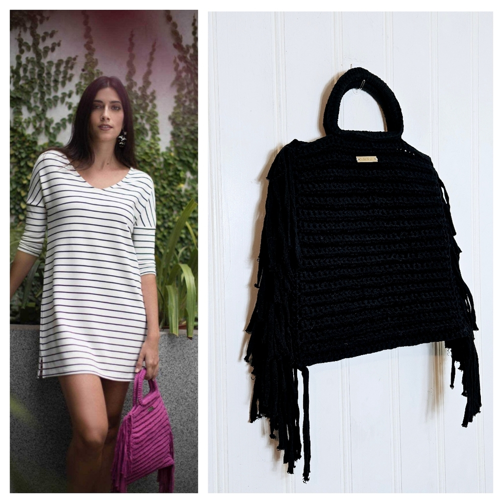 Binge Crochet Black Fringe Tote Bag Boho Chic Handbag Chunky Summer Purse